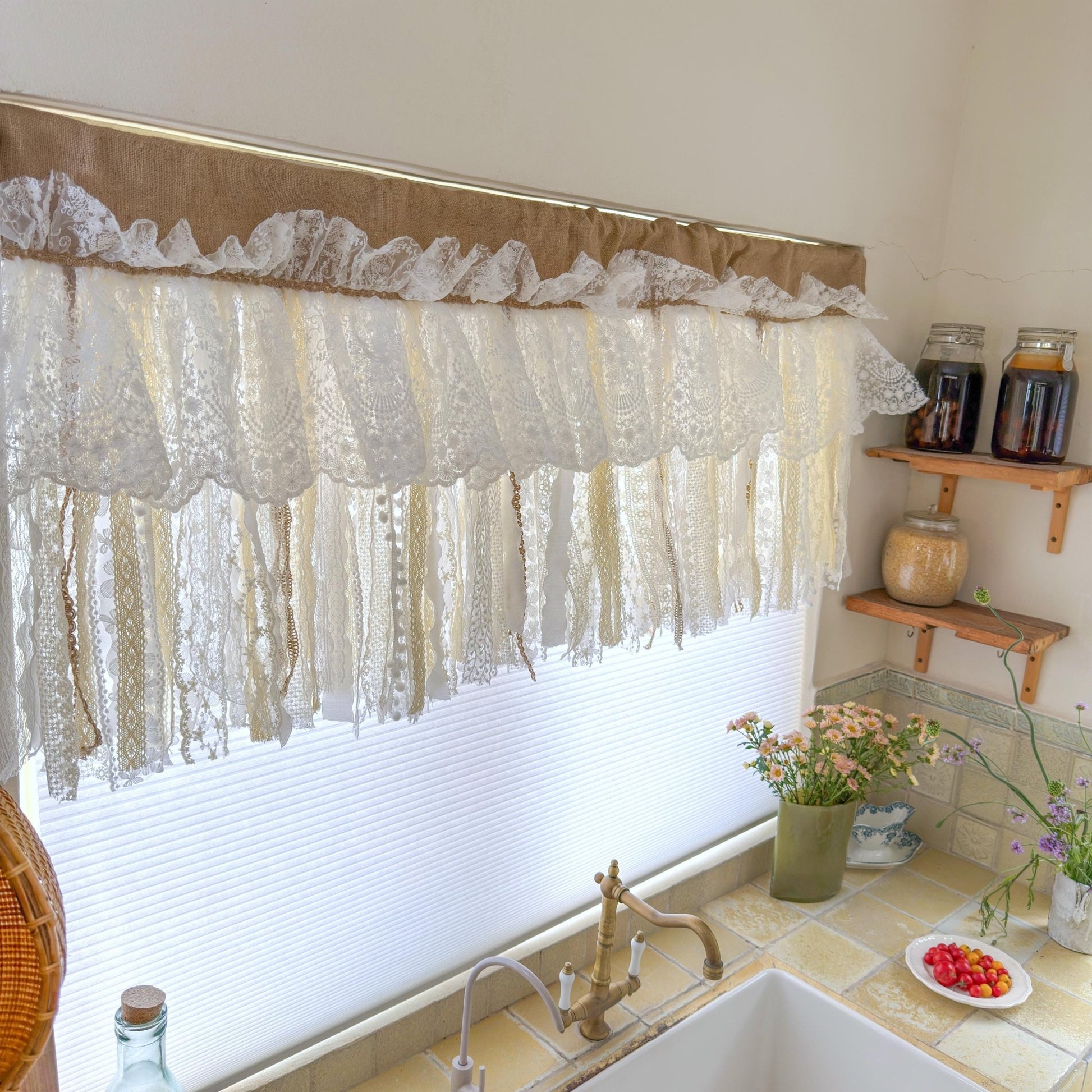 Custom Rustic Unique Burlap Beige ivory Lace Bedroom Window Valance - UDreamHome