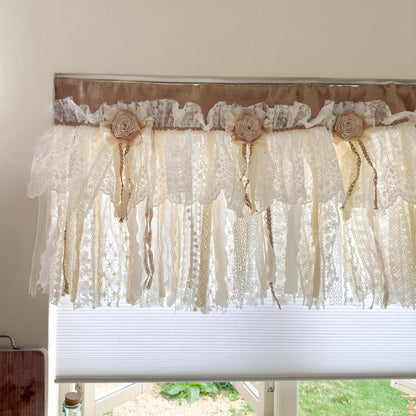 Custom Rustic Unique Burlap Beige ivory Lace Bedroom Window Valance - UDreamHome