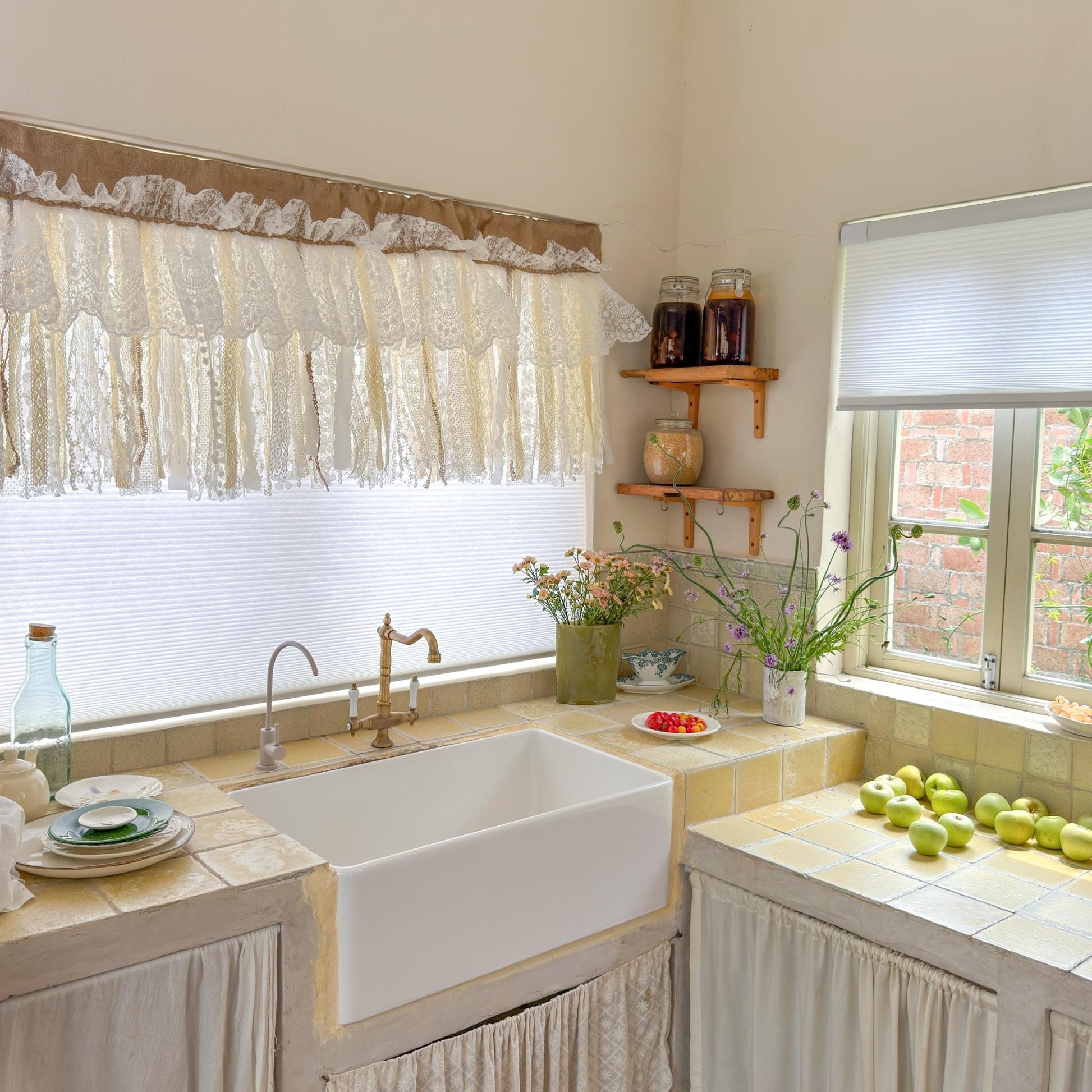 Custom Rustic Unique Burlap Beige ivory Lace Bedroom Window Valance - UDreamHome