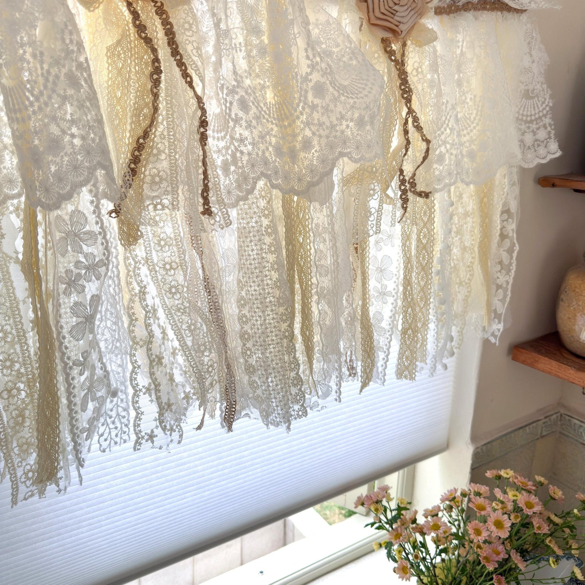 Custom Rustic Unique Burlap Beige ivory Lace Bedroom Window Valance - UDreamHome
