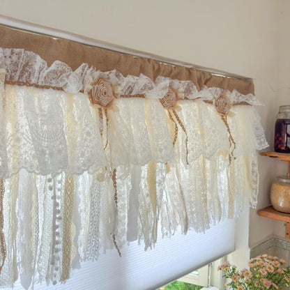 Custom Rustic Unique Burlap Beige ivory Lace Bedroom Window Valance - UDreamHome