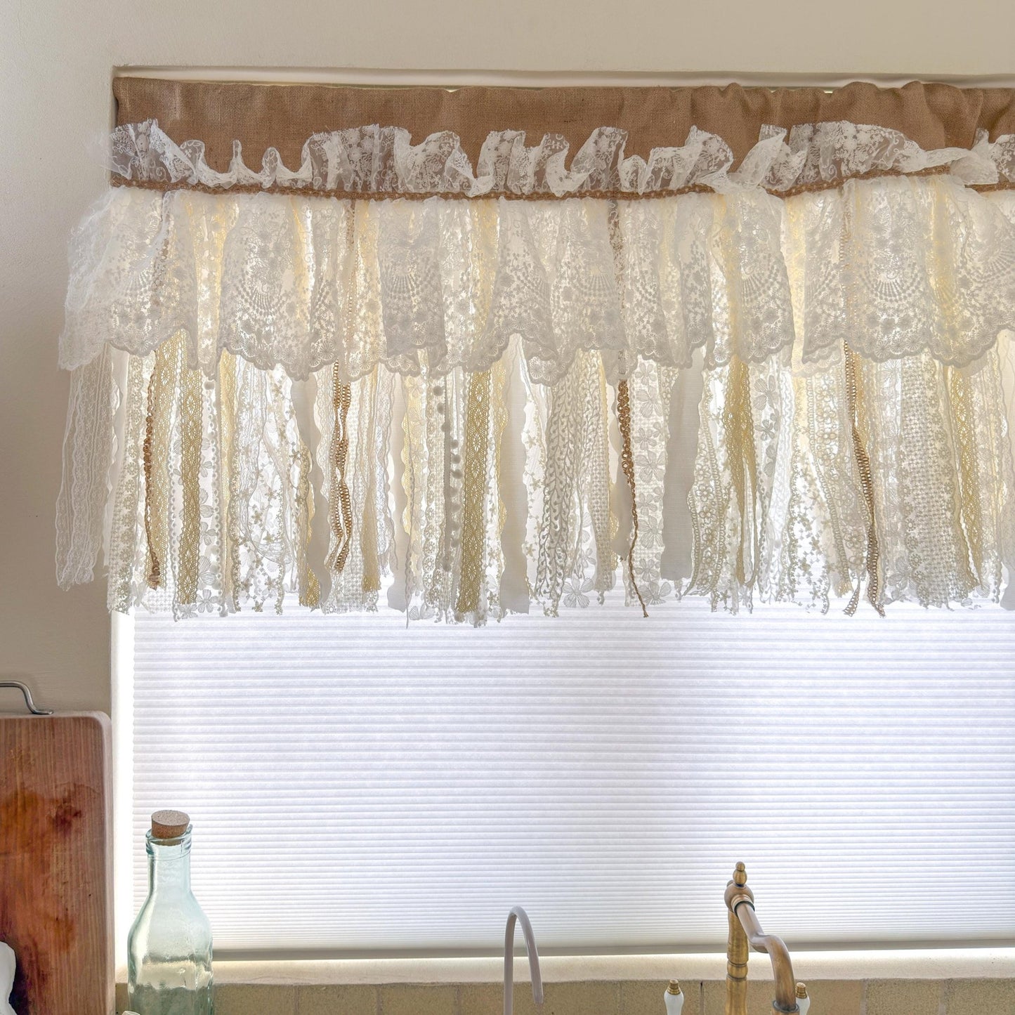 Custom Rustic Unique Burlap Beige ivory Lace Bedroom Window Valance - UDreamHome