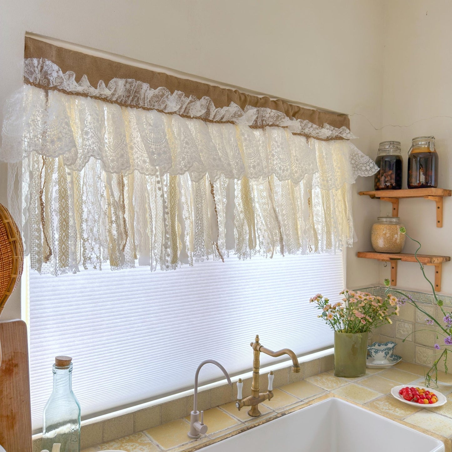Custom Rustic Unique Burlap Beige ivory Lace Bedroom Window Valance - UDreamHome