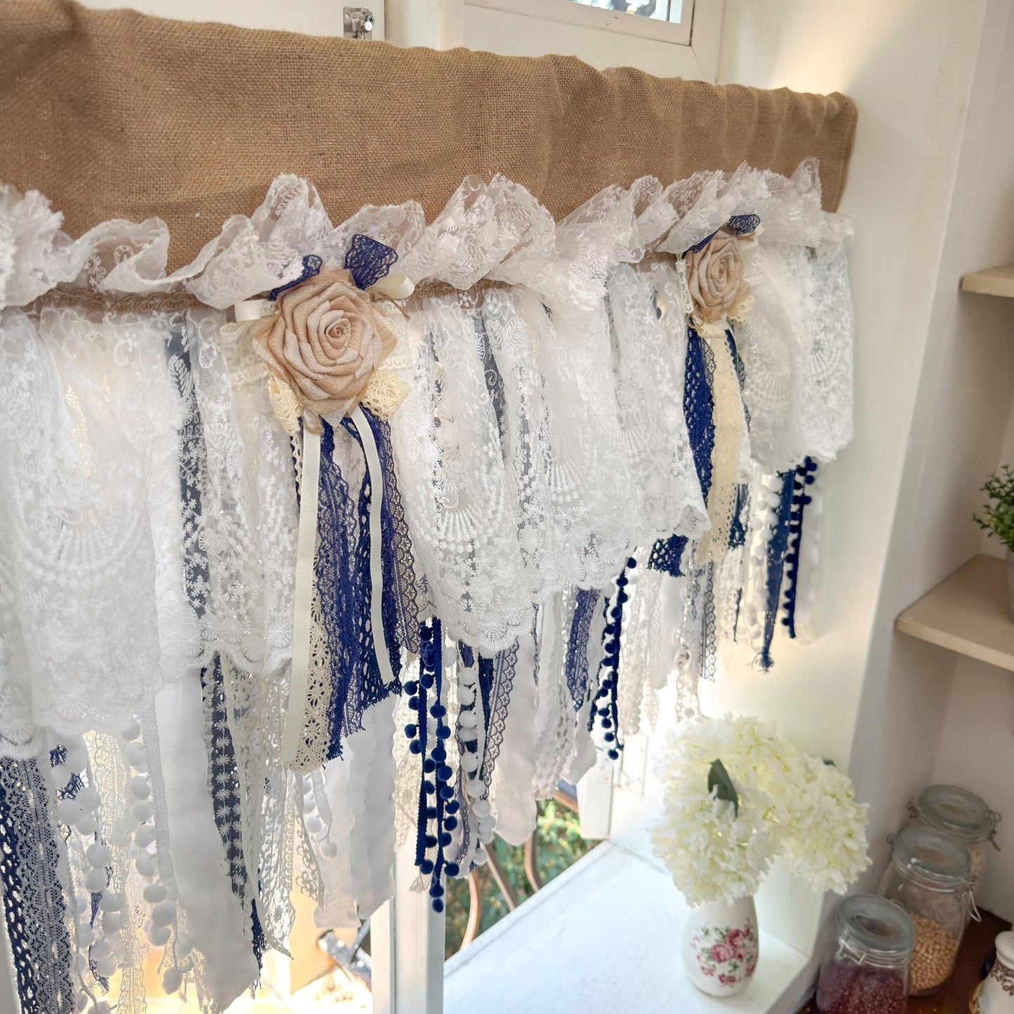 Custom Rustic Unique Burlap Beige White Navy Blue Lace Valance - UDreamHome