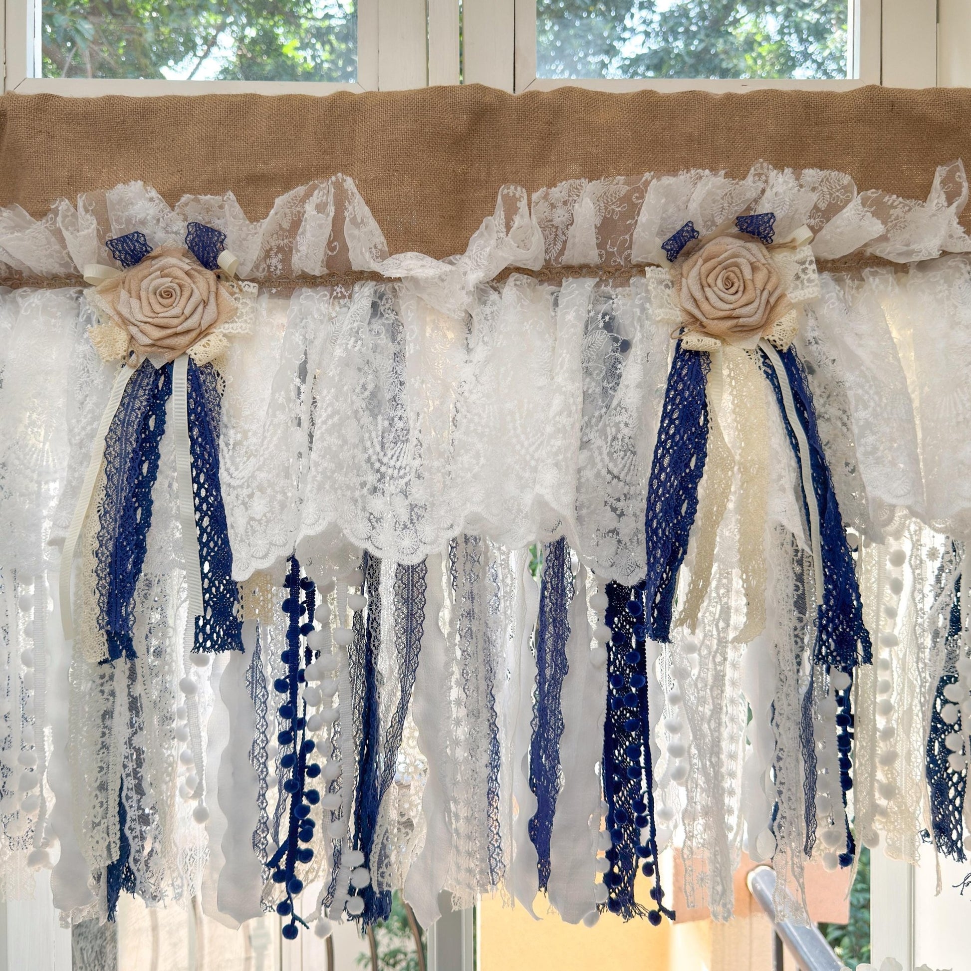 Custom Rustic Unique Burlap Beige White Navy Blue Lace Valance - UDreamHome