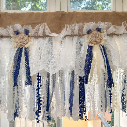 Custom Rustic Unique Burlap Beige White Navy Blue Lace Valance - UDreamHome