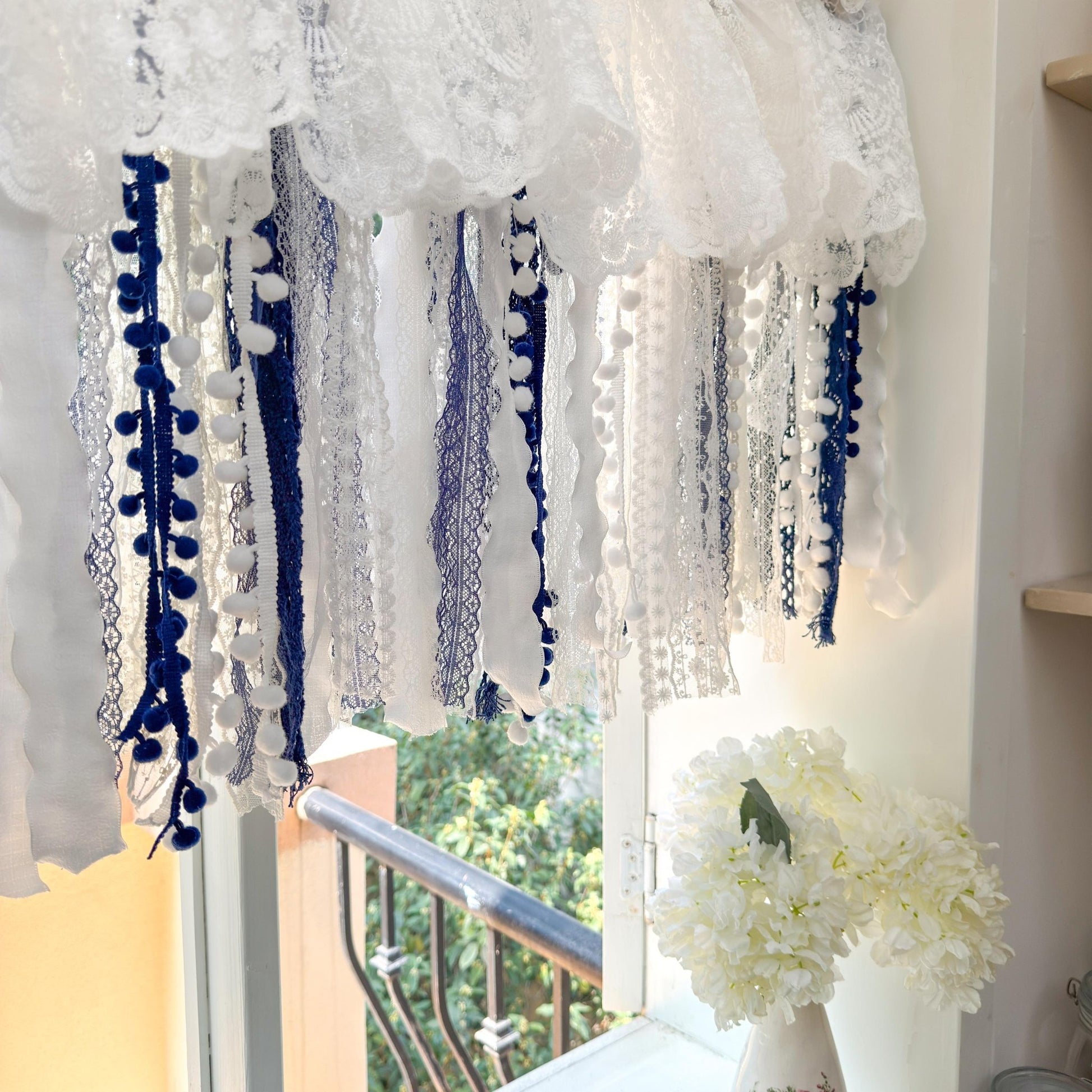 Custom Rustic Unique Burlap Beige White Navy Blue Lace Valance - UDreamHome