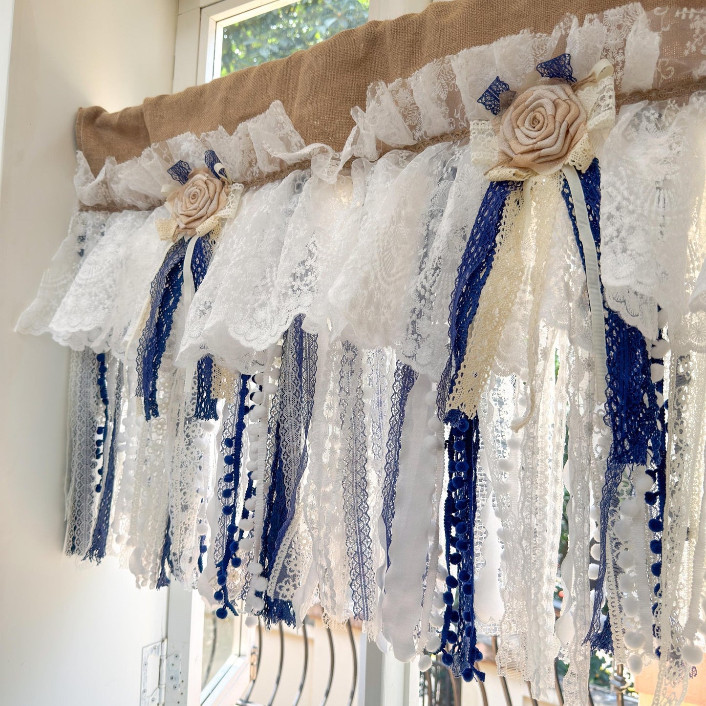 Custom Rustic Unique Burlap Beige White Navy Blue Lace Valance - UDreamHome
