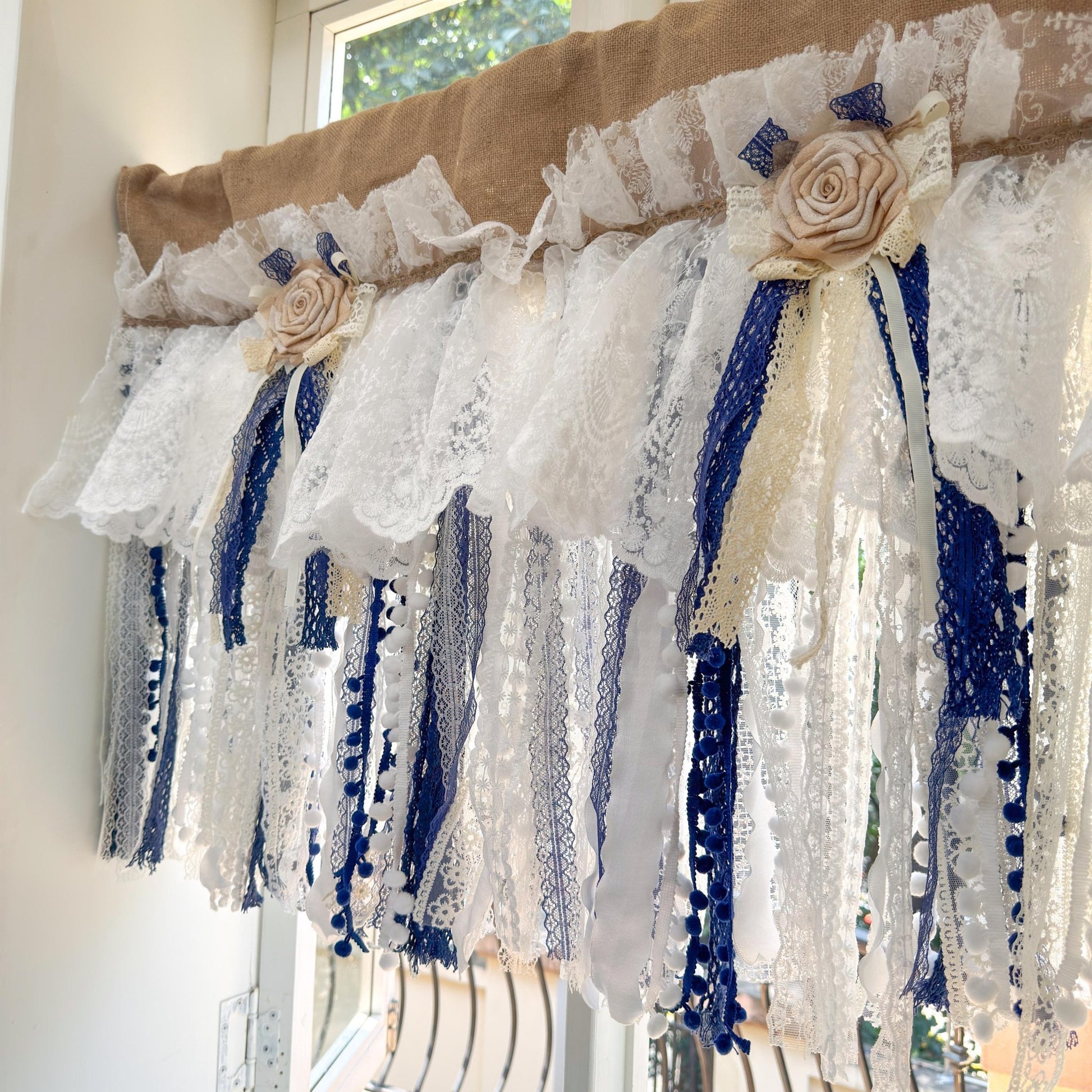 Custom Rustic Unique Burlap Beige White Navy Blue Lace Valance - UDreamHome