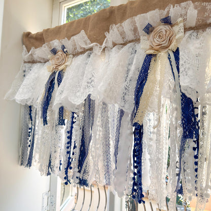 Custom Rustic Unique Burlap Beige White Navy Blue Lace Valance - UDreamHome