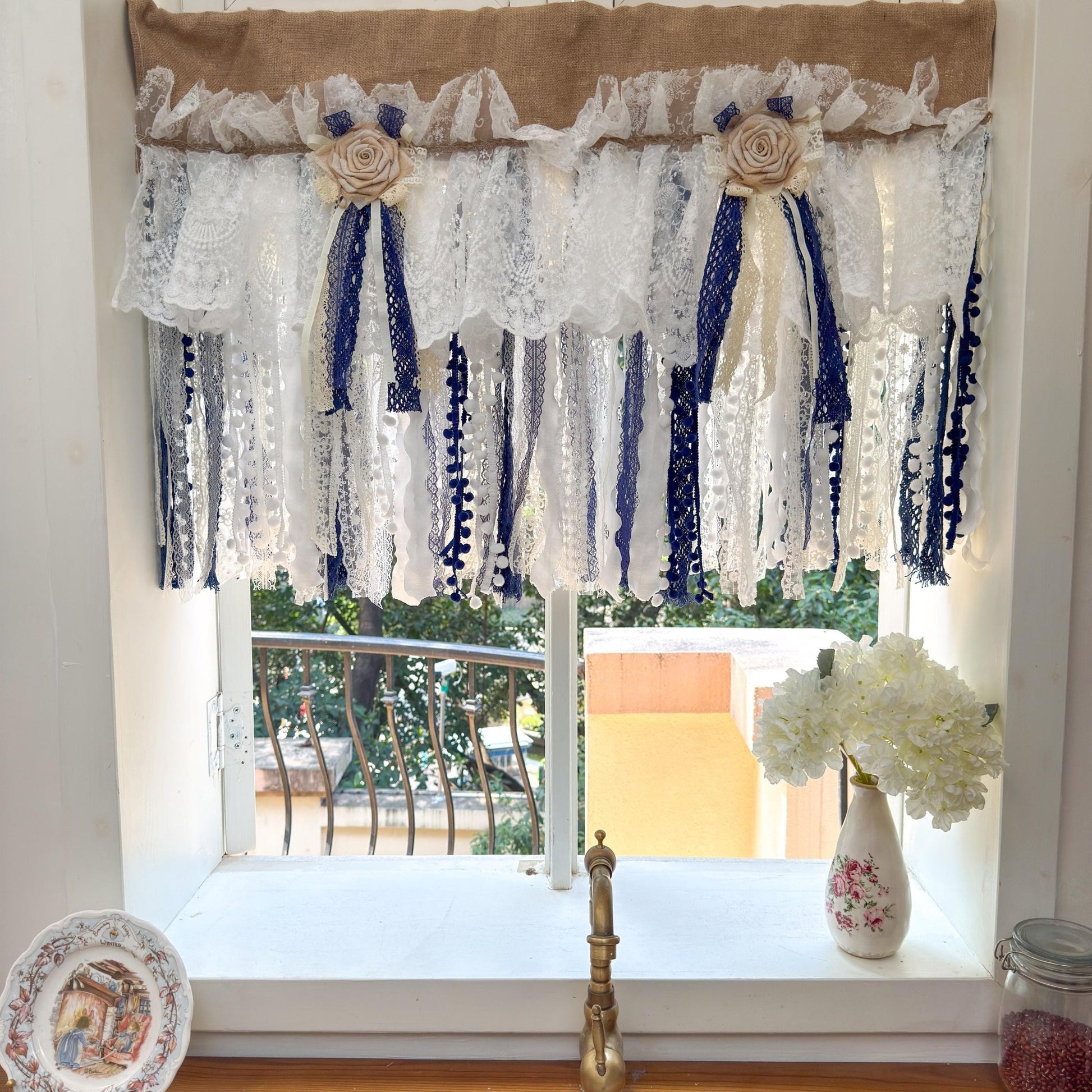 Custom Rustic Unique Burlap Beige White Navy Blue Lace Valance - UDreamHome