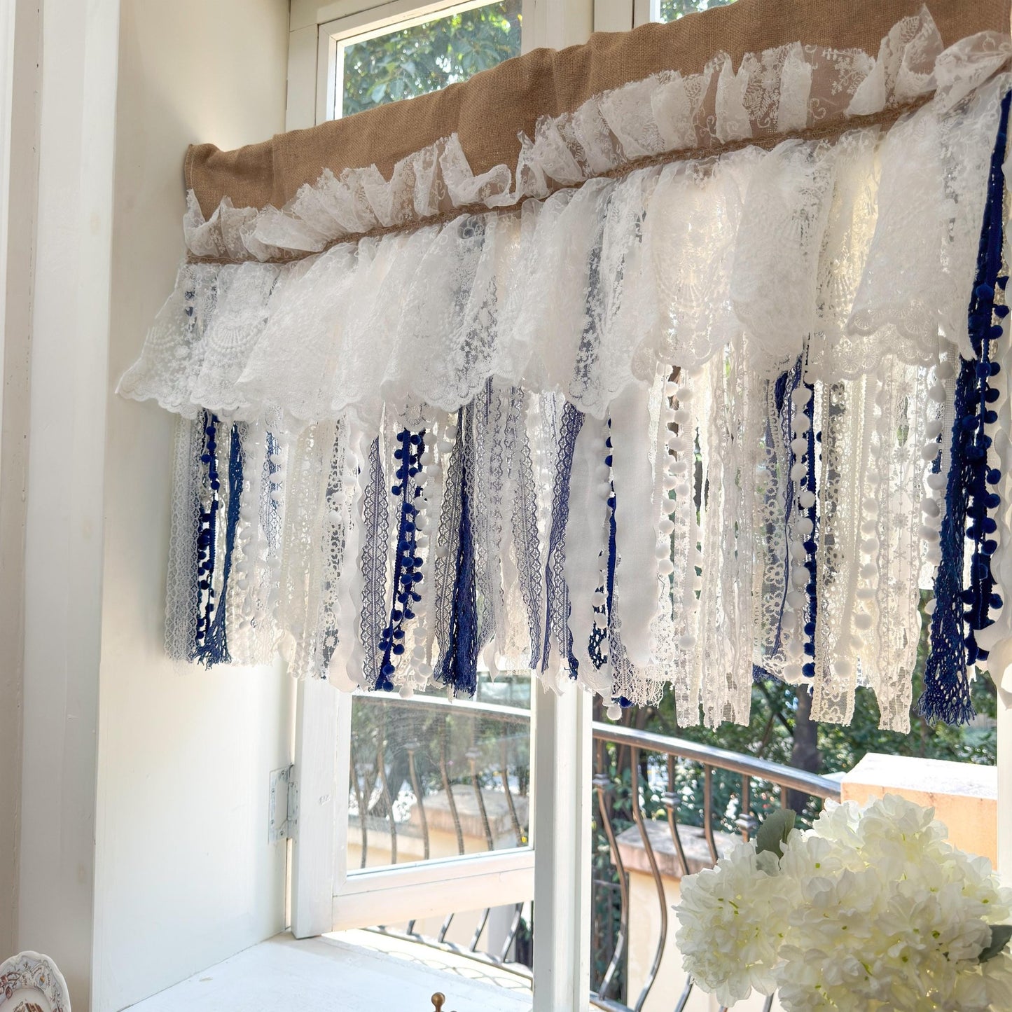 Custom Rustic Unique Burlap Beige White Navy Blue Lace Valance - UDreamHome