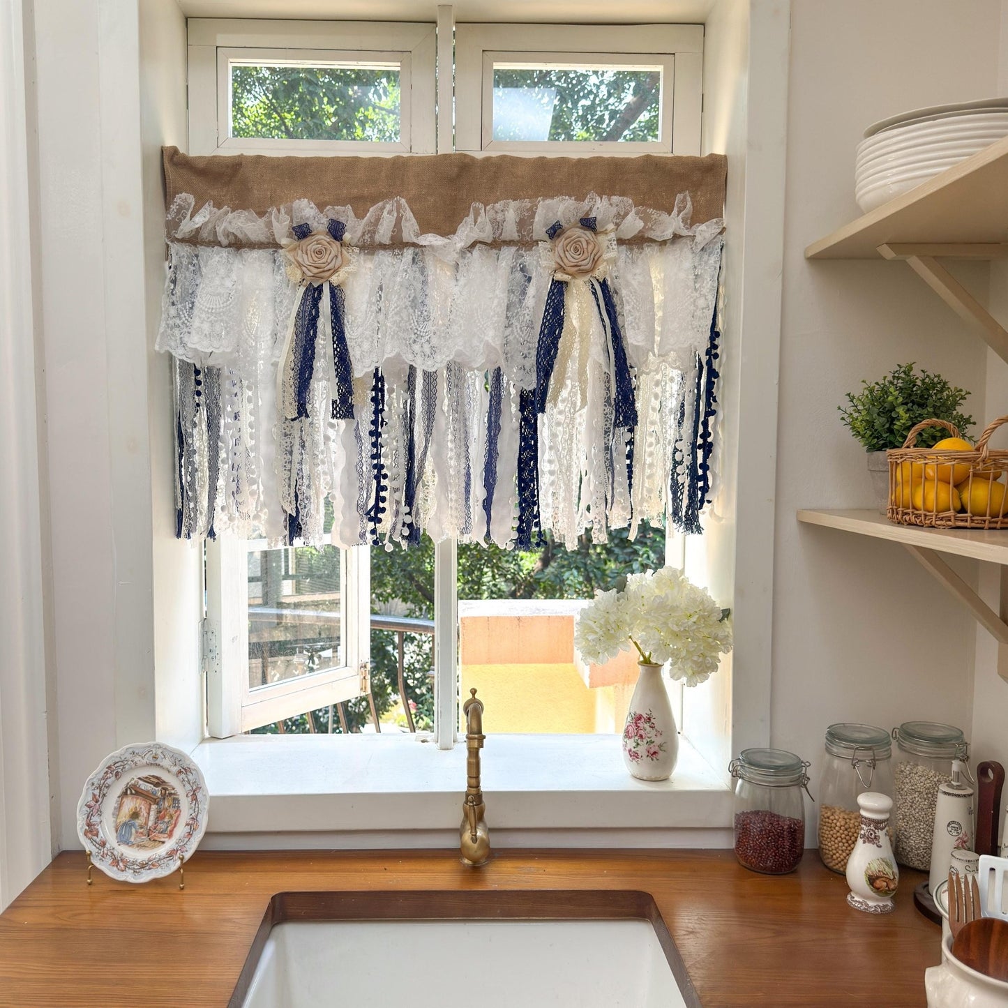 Custom Rustic Unique Burlap Beige White Navy Blue Lace Valance - UDreamHome