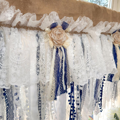 Custom Rustic Unique Burlap Beige White Navy Blue Lace Valance - UDreamHome
