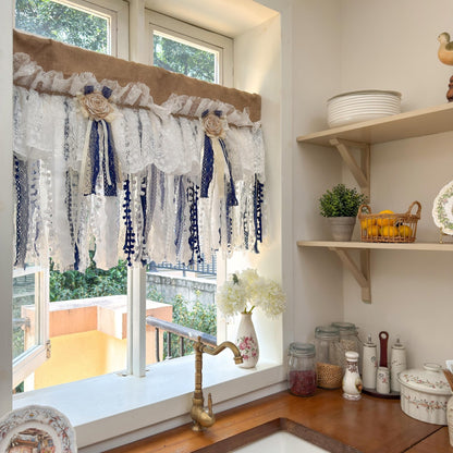Custom Rustic Unique Burlap Beige White Navy Blue Lace Valance - UDreamHome