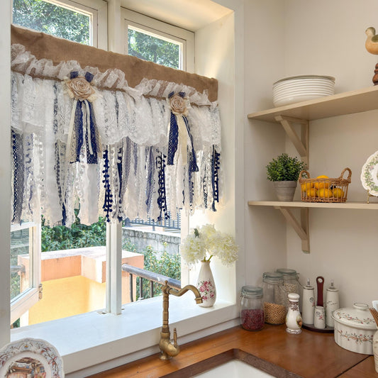 Custom Rustic Unique Burlap Beige White Navy Blue Lace Valance - UDreamHome