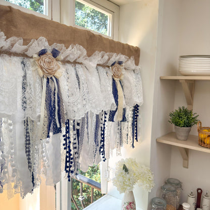 Custom Rustic Unique Burlap Beige White Navy Blue Lace Valance - UDreamHome