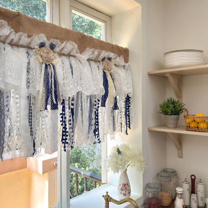 Custom Rustic Unique Burlap Beige White Navy Blue Lace Valance - UDreamHome