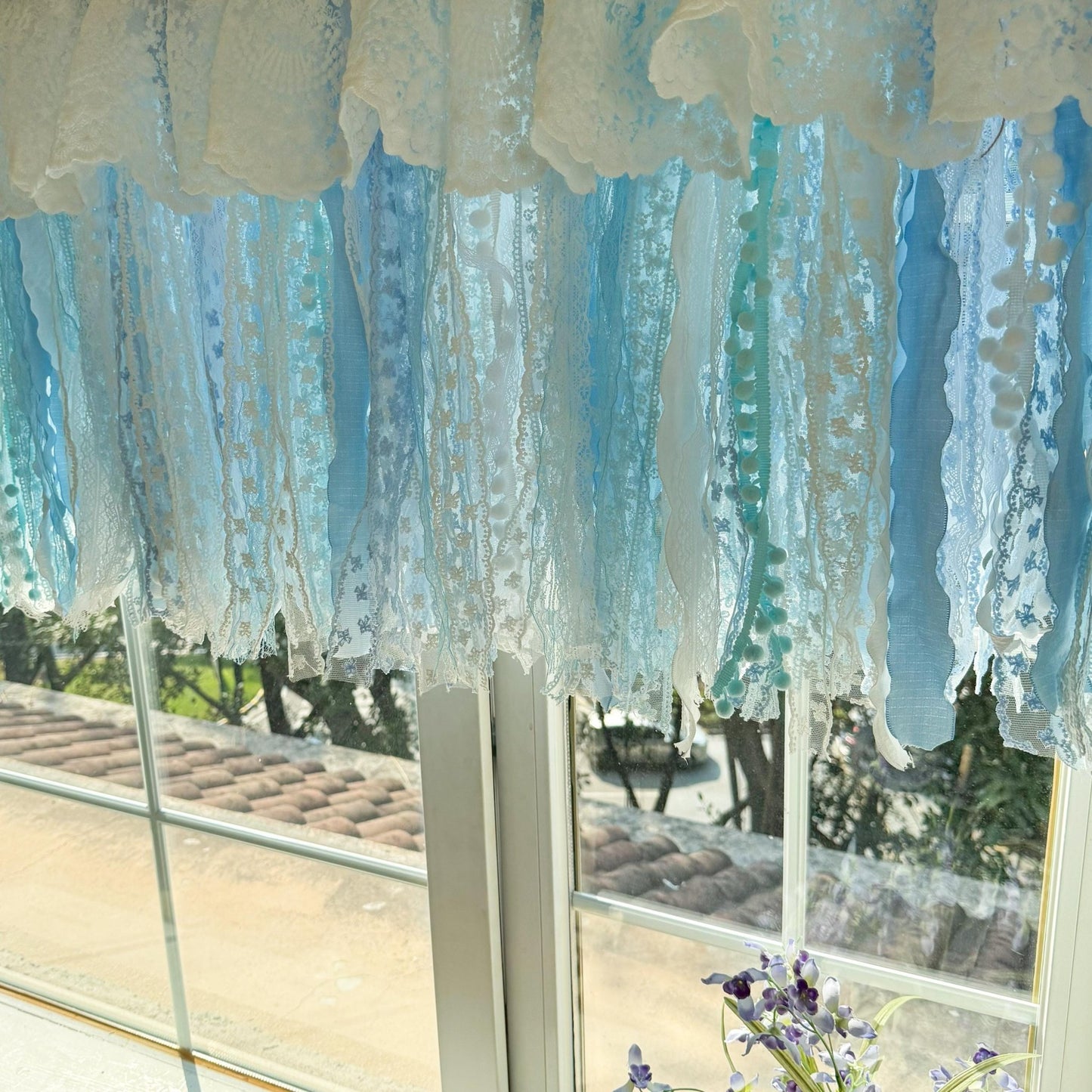Custom Rustic Unique Burlap White Blue Lace Valanc - UDreamHome