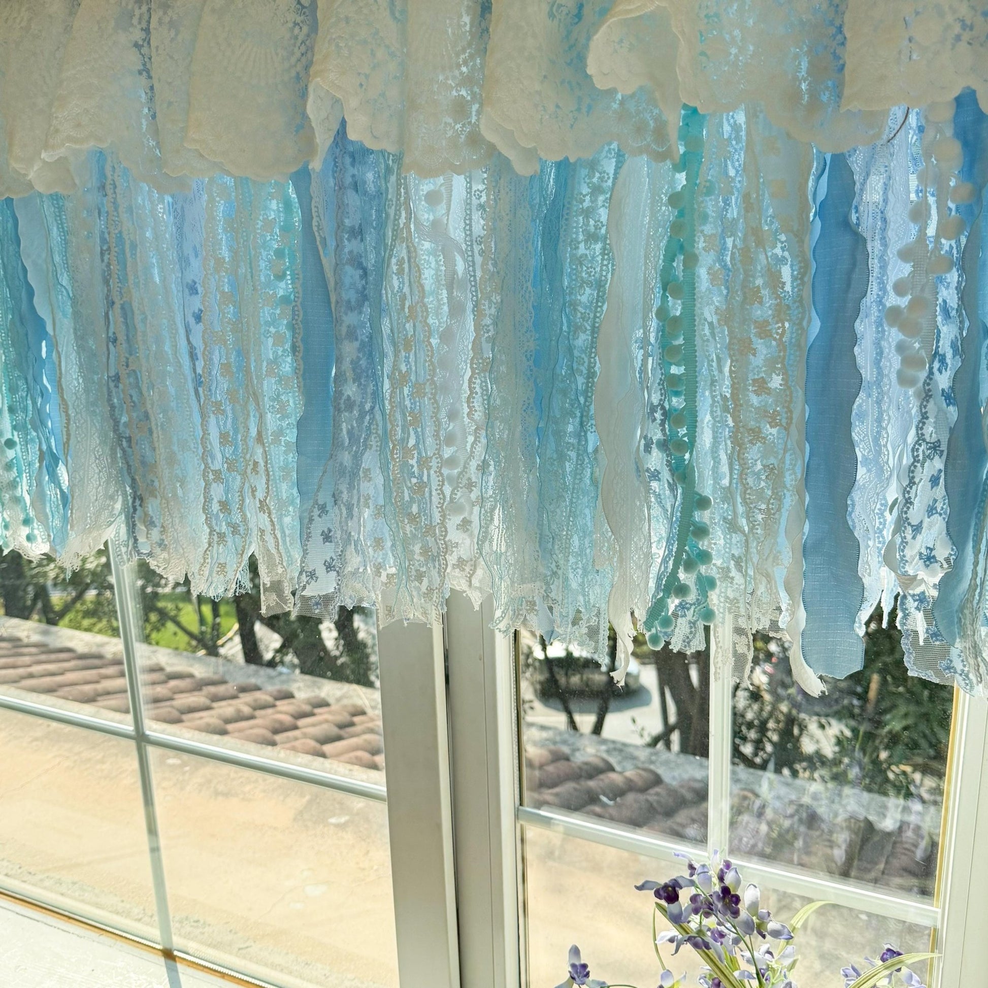 Custom Rustic Unique Burlap White Blue Lace Valanc - UDreamHome
