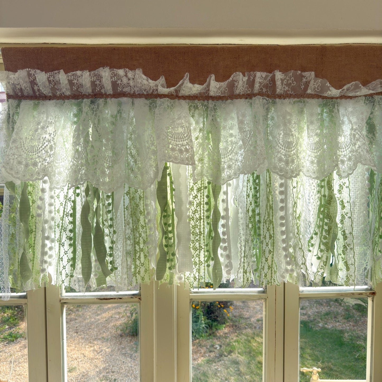 Custom Rustic Unique Burlap White Green Lace Bedroom Valance - UDreamHome