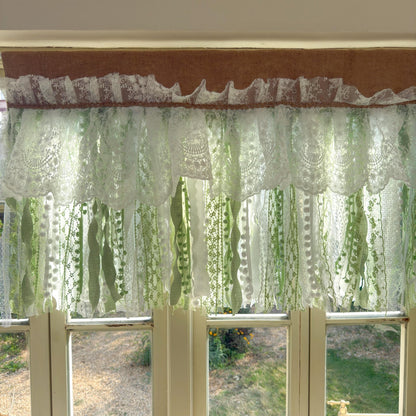 Custom Rustic Unique Burlap White Green Lace Bedroom Valance - UDreamHome