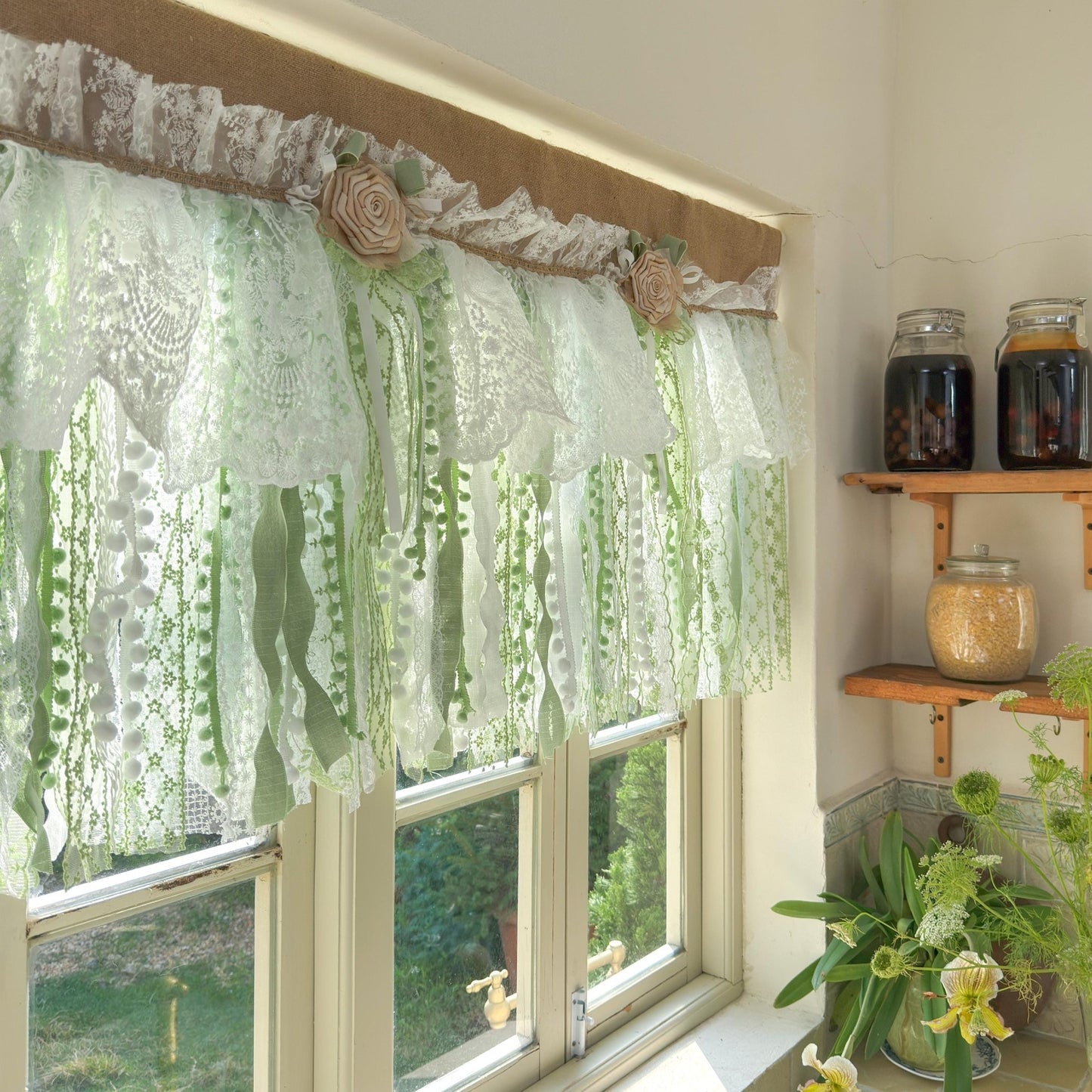 Custom Rustic Unique Burlap White Green Lace Bedroom Valance - UDreamHome