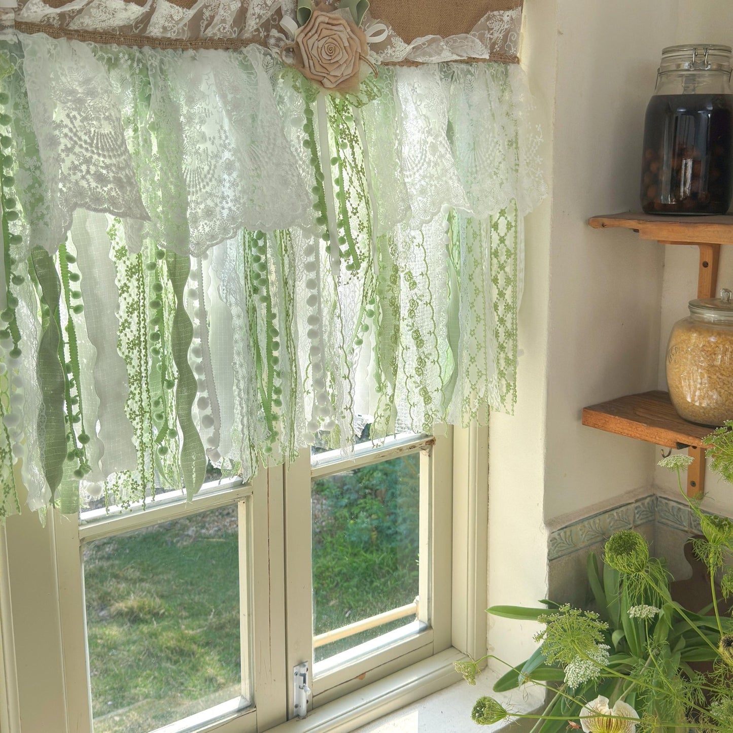 Custom Rustic Unique Burlap White Green Lace Bedroom Valance - UDreamHome