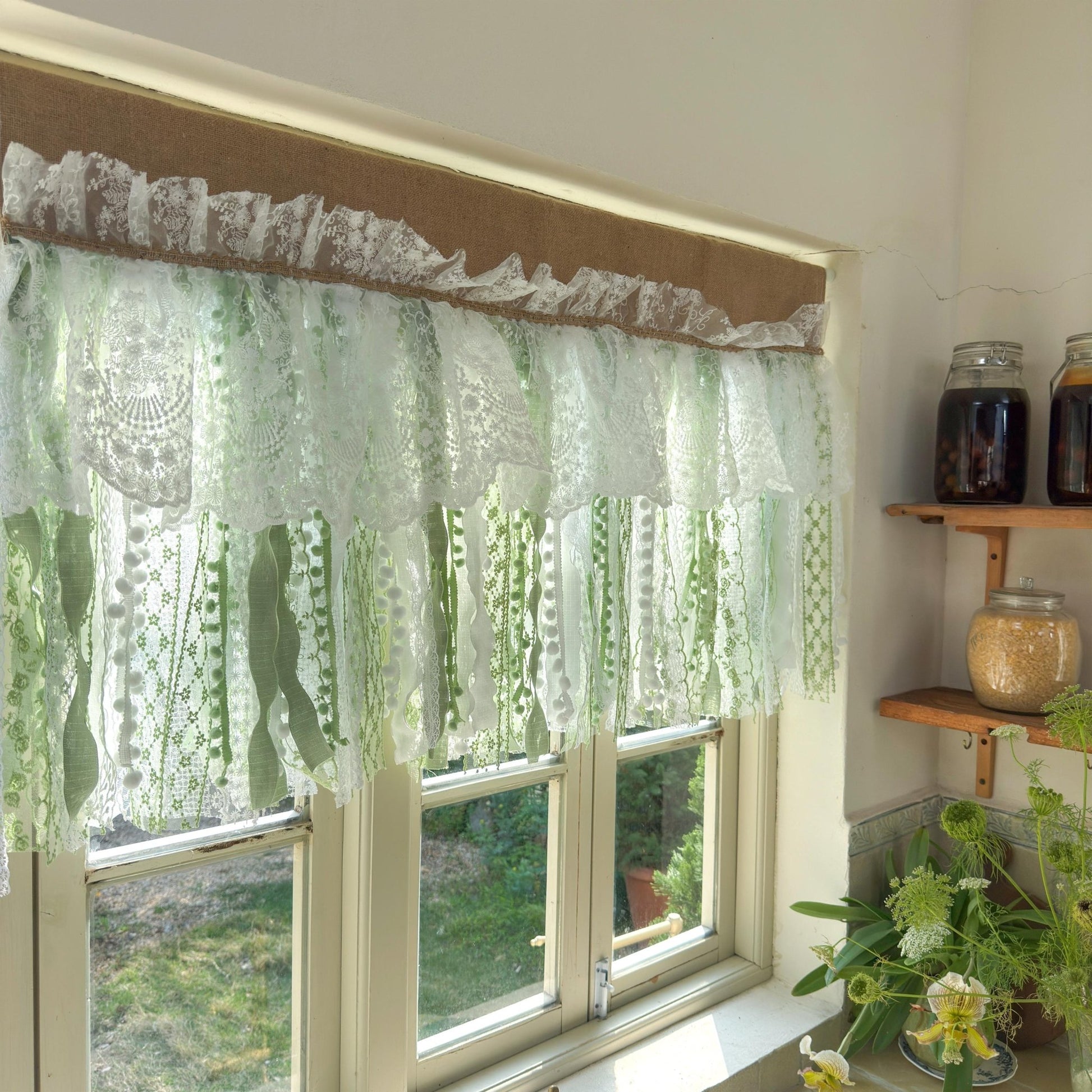 Custom Rustic Unique Burlap White Green Lace Bedroom Valance - UDreamHome