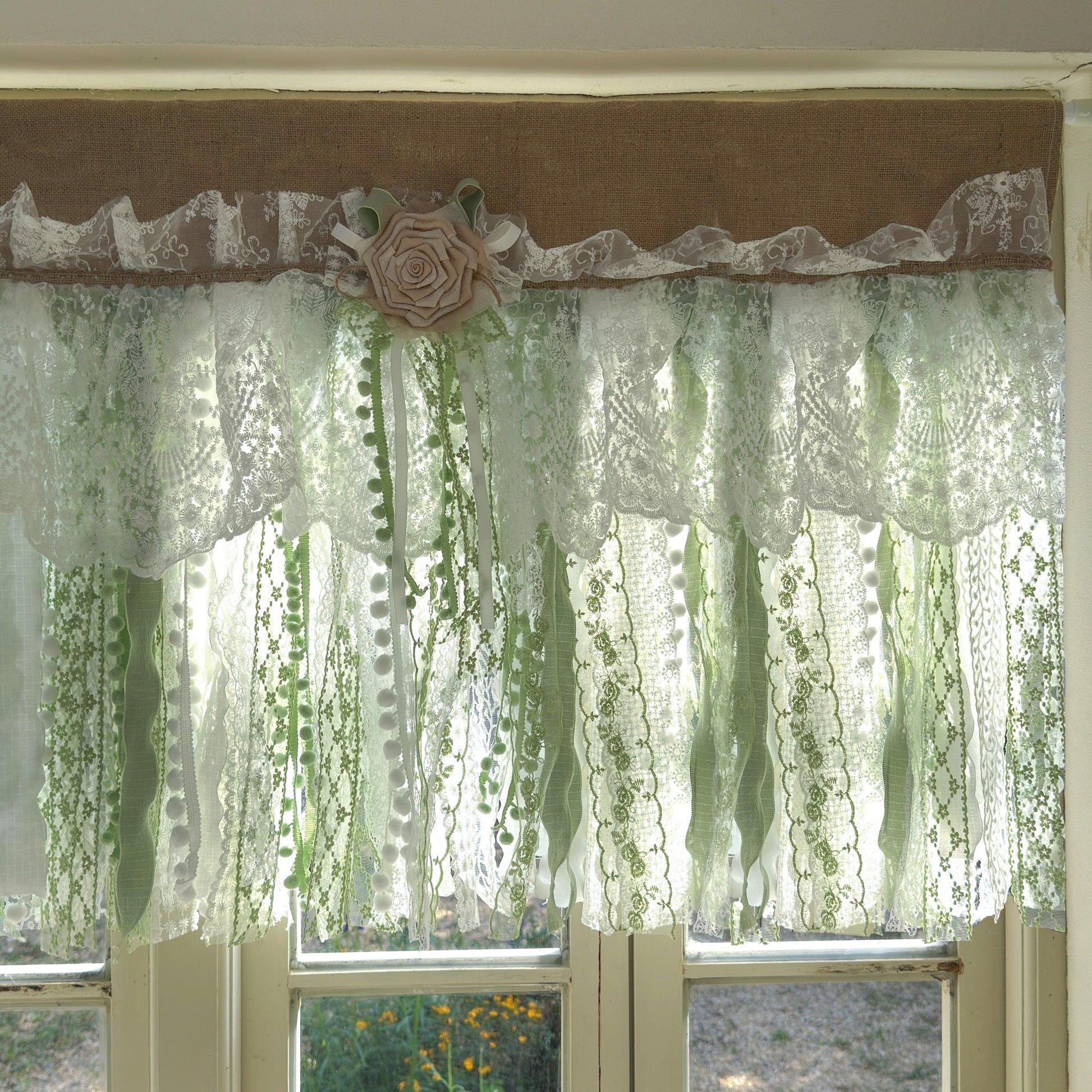 Custom Rustic Unique Burlap White Green Lace Bedroom Valance - UDreamHome