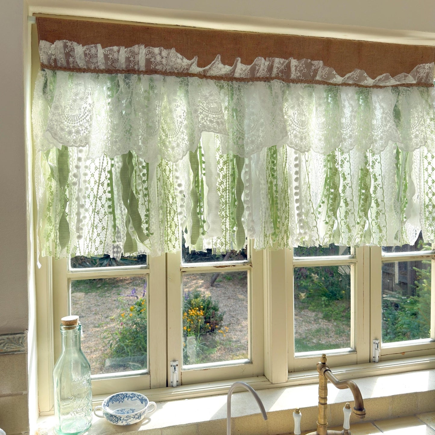Custom Rustic Unique Burlap White Green Lace Bedroom Valance - UDreamHome