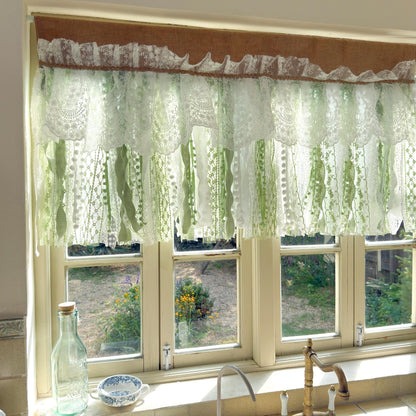 Custom Rustic Unique Burlap White Green Lace Bedroom Valance - UDreamHome