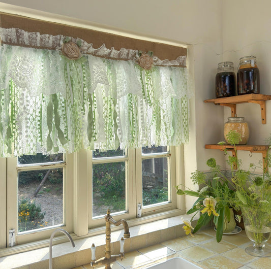 Custom Rustic Unique Burlap White Green Lace Bedroom Valance - UDreamHome
