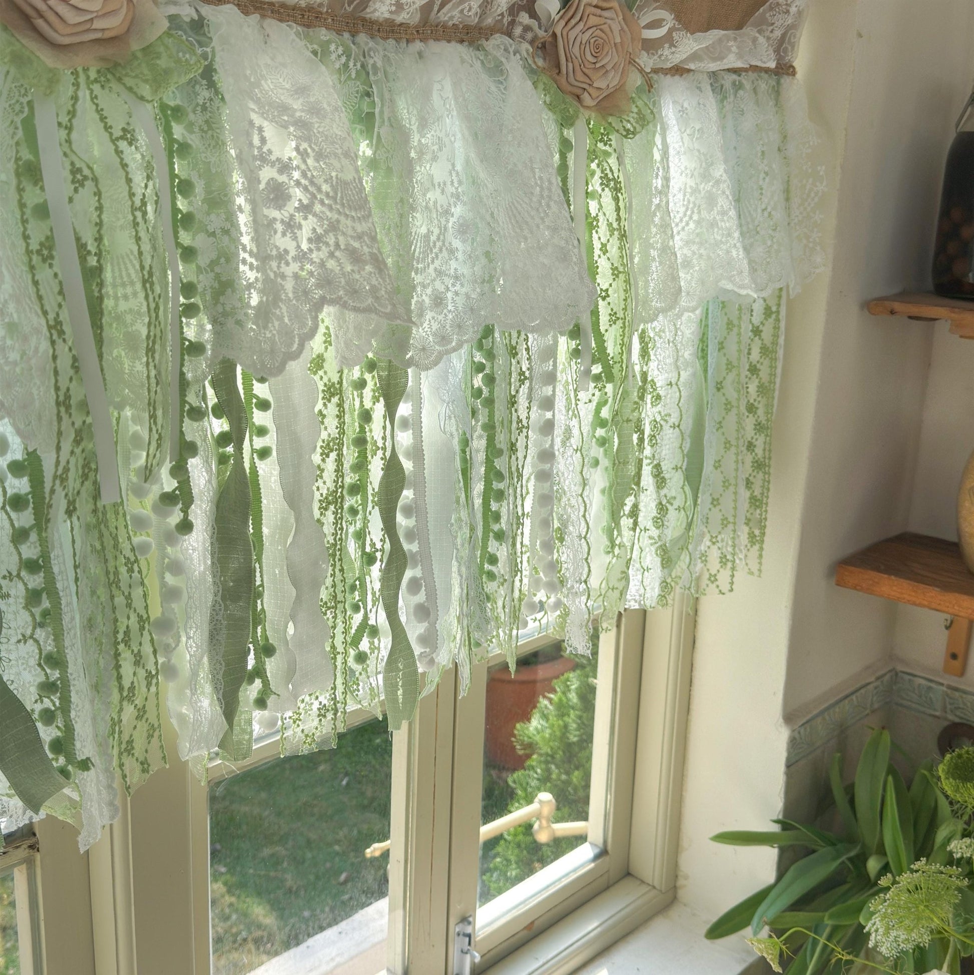 Custom Rustic Unique Burlap White Green Lace Bedroom Valance - UDreamHome