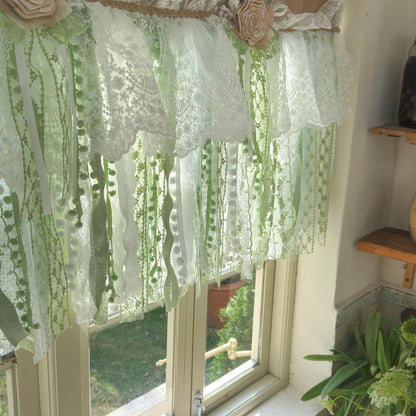 Custom Rustic Unique Burlap White Green Lace Bedroom Valance - UDreamHome