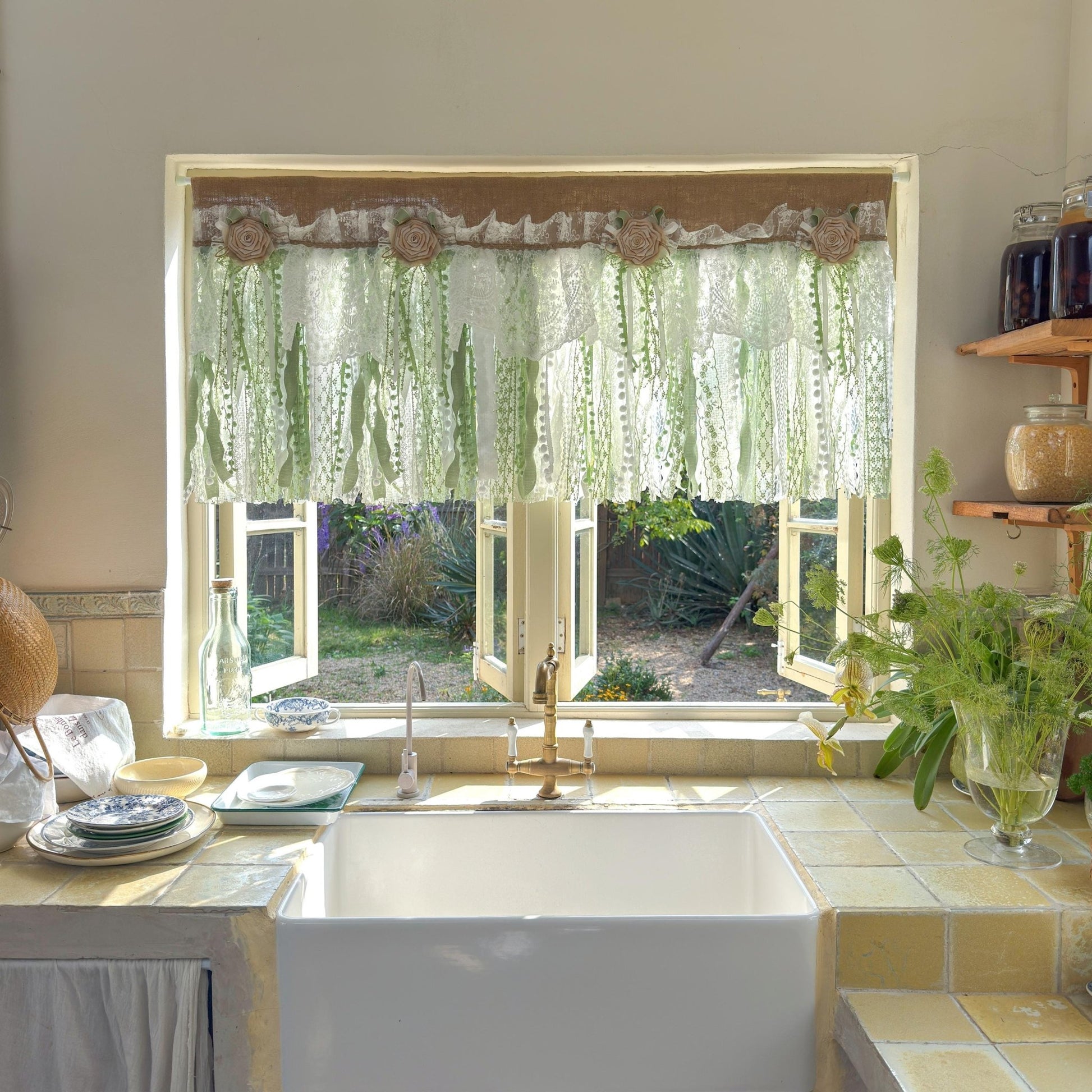 Custom Rustic Unique Burlap White Green Lace Bedroom Valance - UDreamHome
