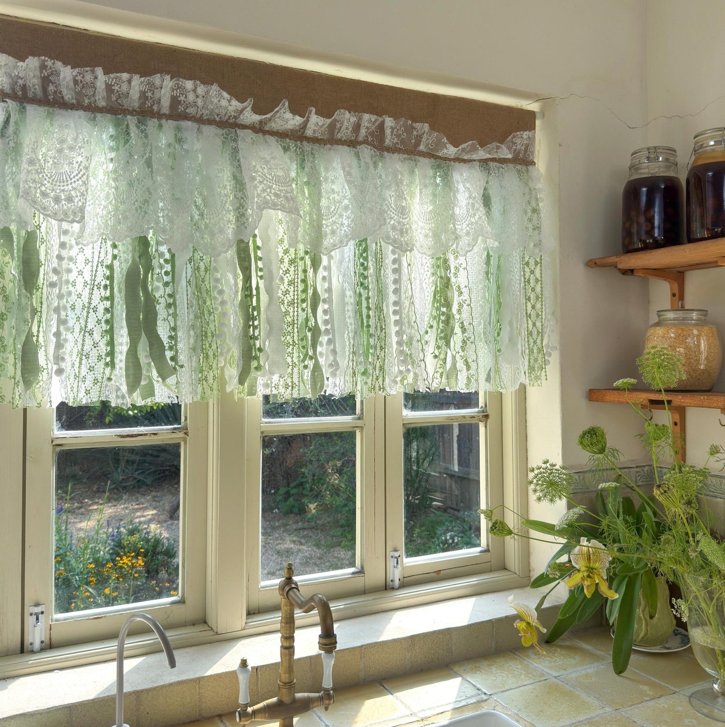 Custom Rustic Unique Burlap White Green Lace Bedroom Valance - UDreamHome