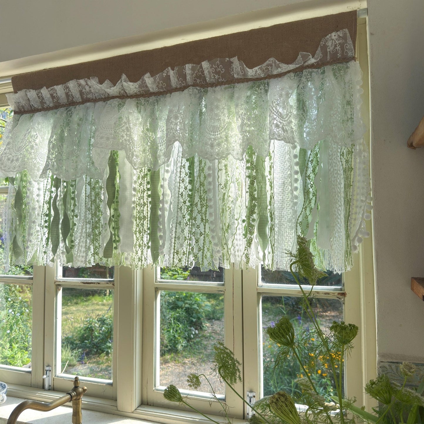 Custom Rustic Unique Burlap White Green Lace Bedroom Valance - UDreamHome