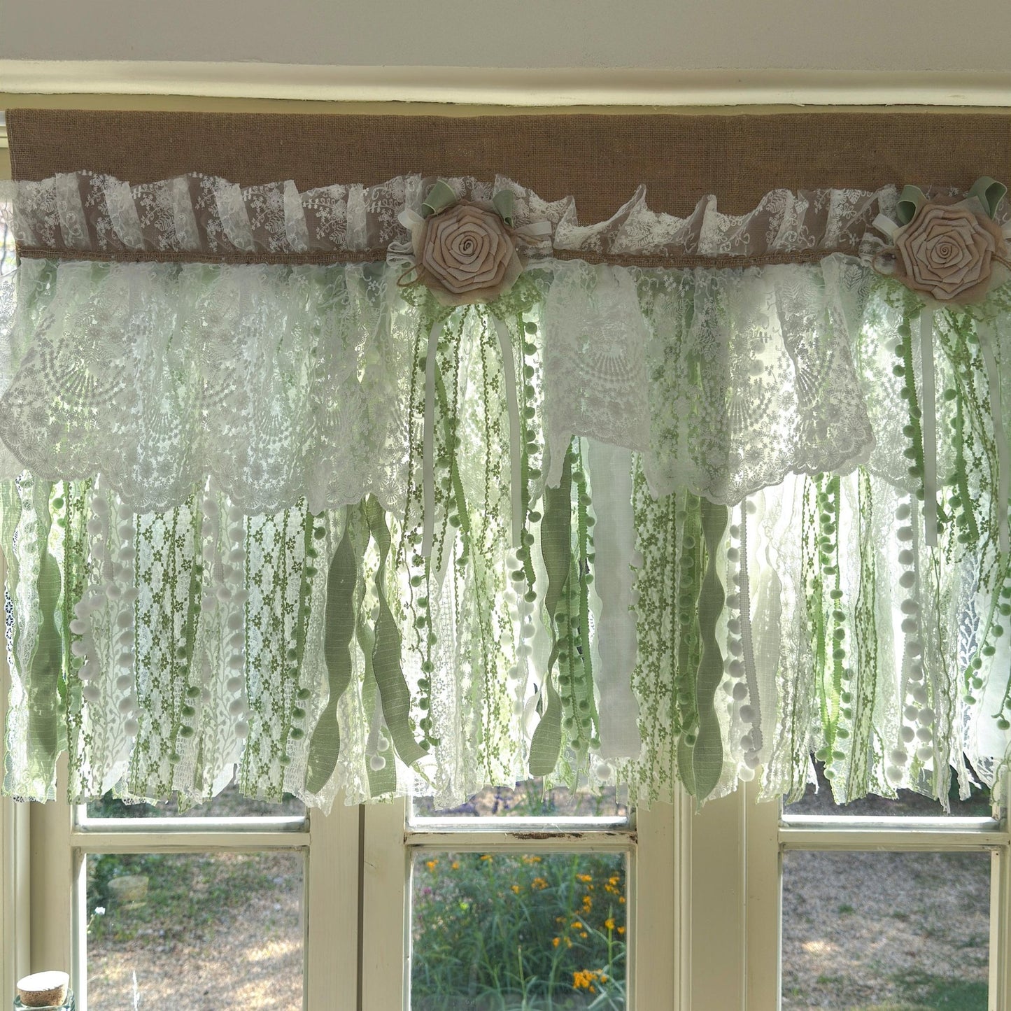 Custom Rustic Unique Burlap White Green Lace Bedroom Valance - UDreamHome