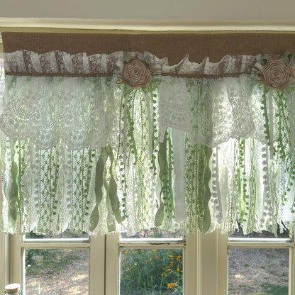 Custom Rustic Unique Burlap White Green Lace Bedroom Valance - UDreamHome