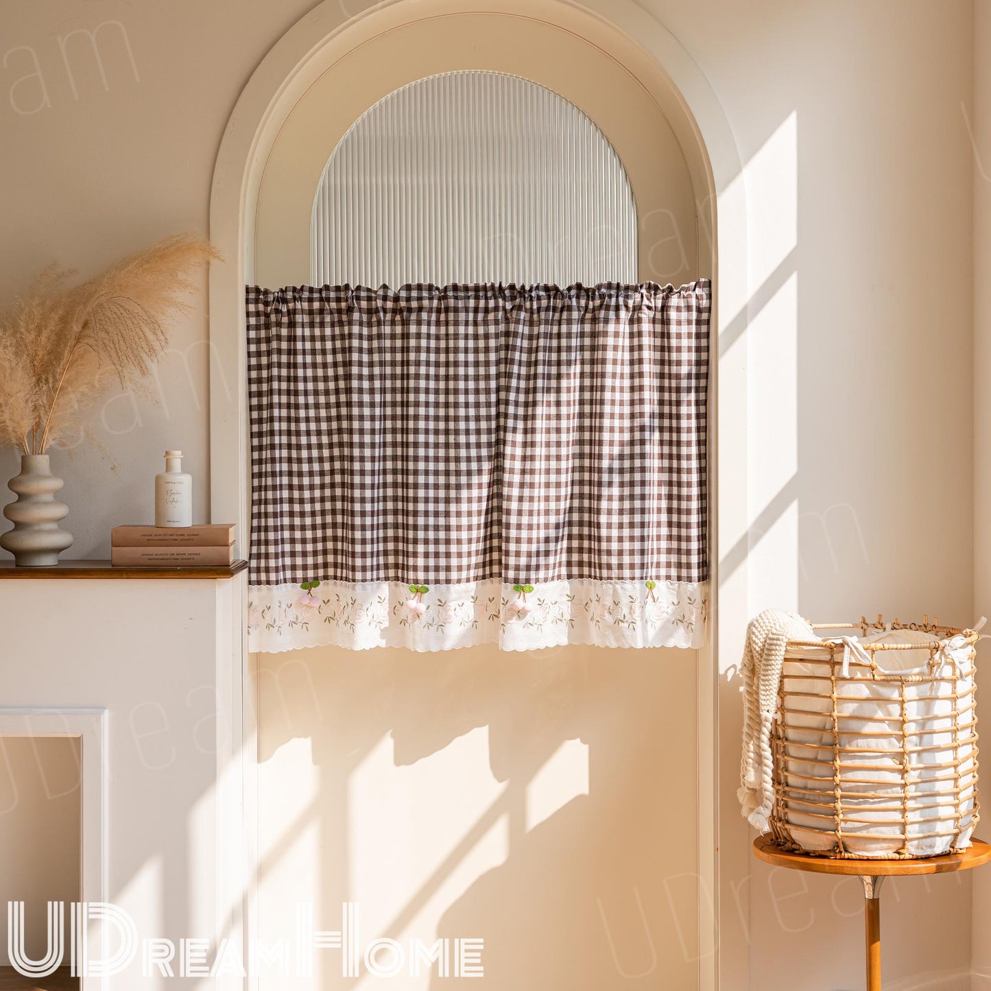 Embroidered Flower Farmhouse Checkered Cotton Linen Panel - UDreamHome