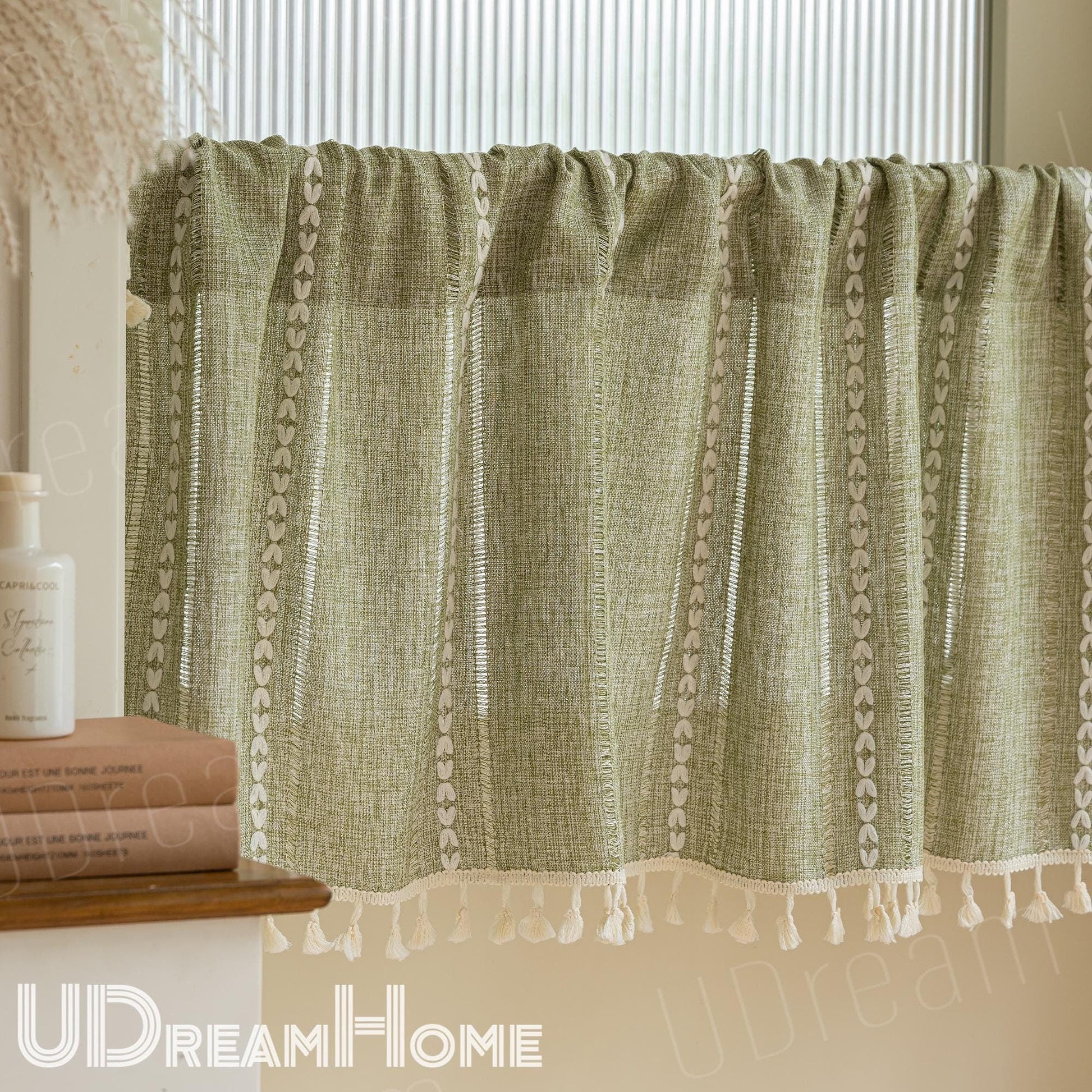 Farmhouse Kitchen Curtains, Green Boho Short Curtains - UDreamHome