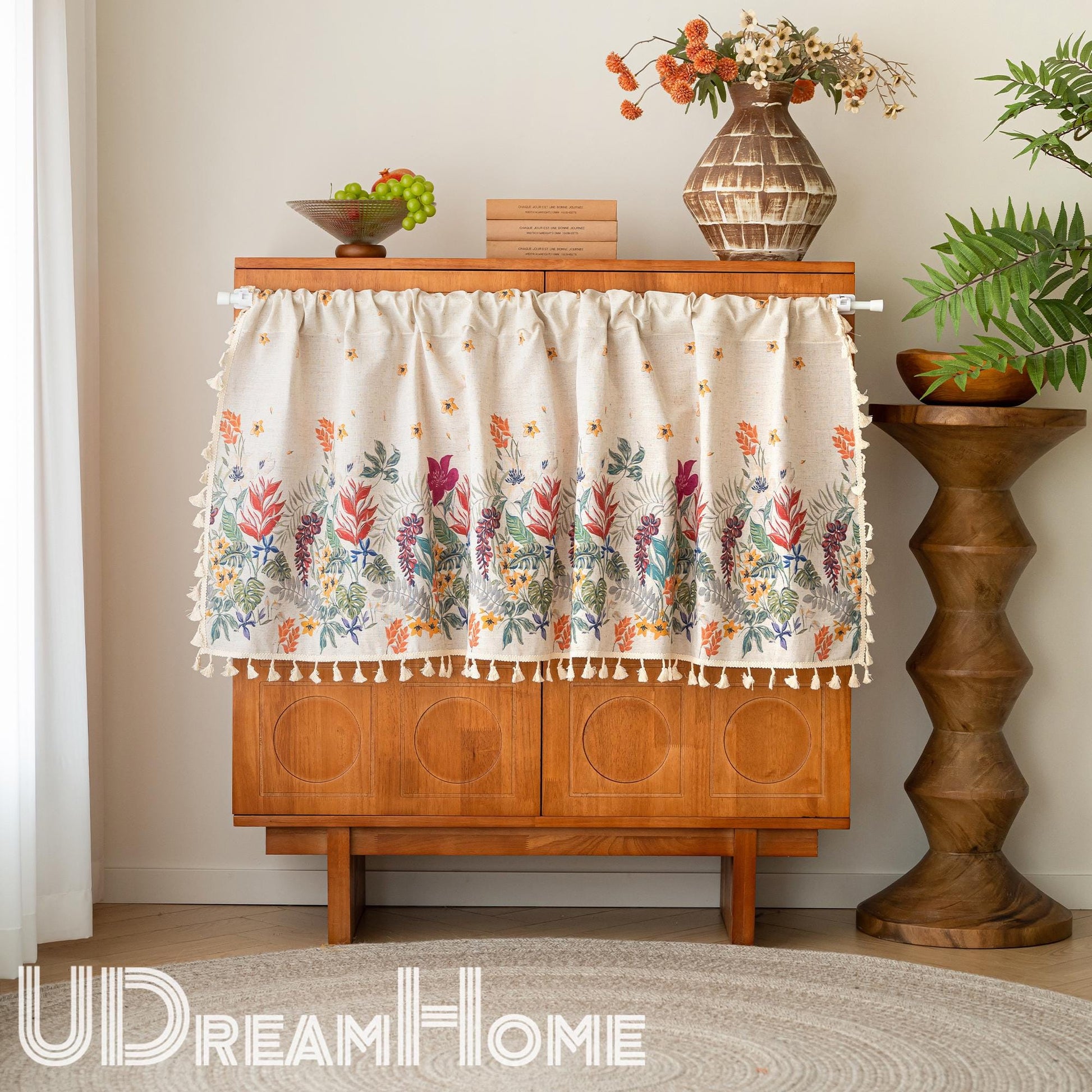 Floral Cotton Linen Cafe Curtain: Rustic Farmhouse Decor - UDreamHome