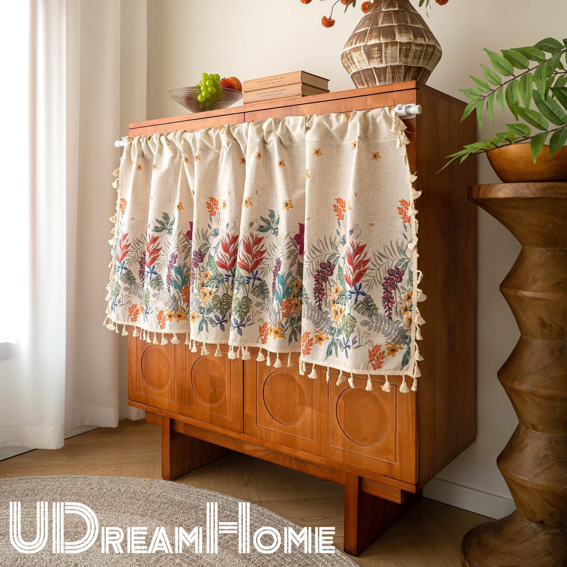 Floral Cotton Linen Cafe Curtain: Rustic Farmhouse Decor - UDreamHome