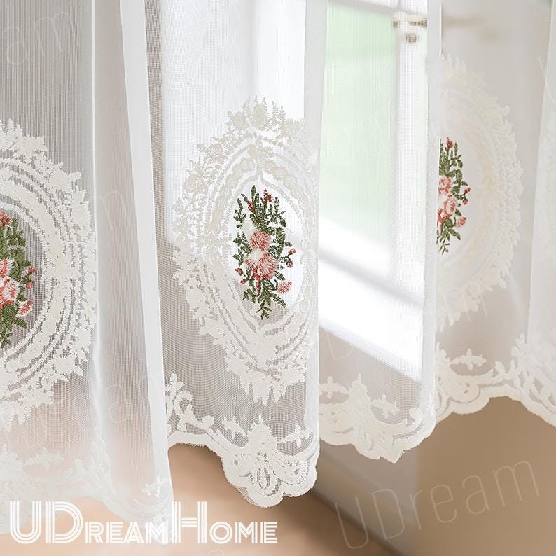 French Embroidered Rose Linen Blend Cafe Curtain - UDreamHome