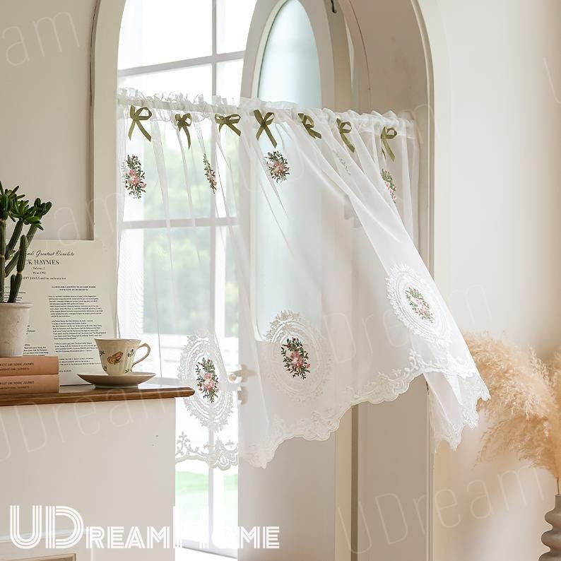 French Embroidered Rose Linen Blend Cafe Curtain - UDreamHome