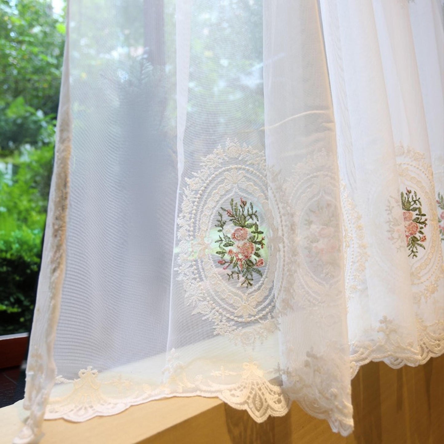 French Embroidered Rose Linen Blend Cafe Curtain - UDreamHome
