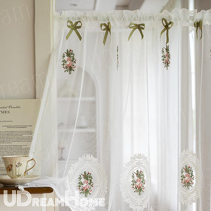 French Embroidered Rose Linen Blend Cafe Curtain - UDreamHome