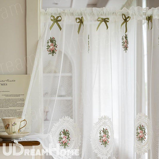 French Embroidered Rose Linen Blend Cafe Curtain - UDreamHome