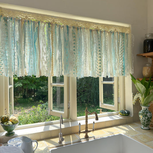 Gradient Sage Blue Green Shabby Chic Window Valance, Crochet Lace Cafe Curtain, Cottagecore Farmhouse Kitchen Half Curtains, H-22inch (56cm) - UDreamHome
